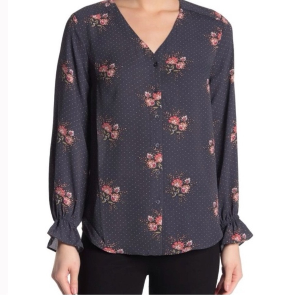 Tahari Blouse Grey & White polka dot w Floral print, long sleeve Sz S/P, NWT